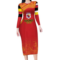 Queensland Papua New Guinea Custom Family Matching Long Sleeve Bodycon Dress and Hawaiian Shirt All Red Pacific PNG Tribal Style