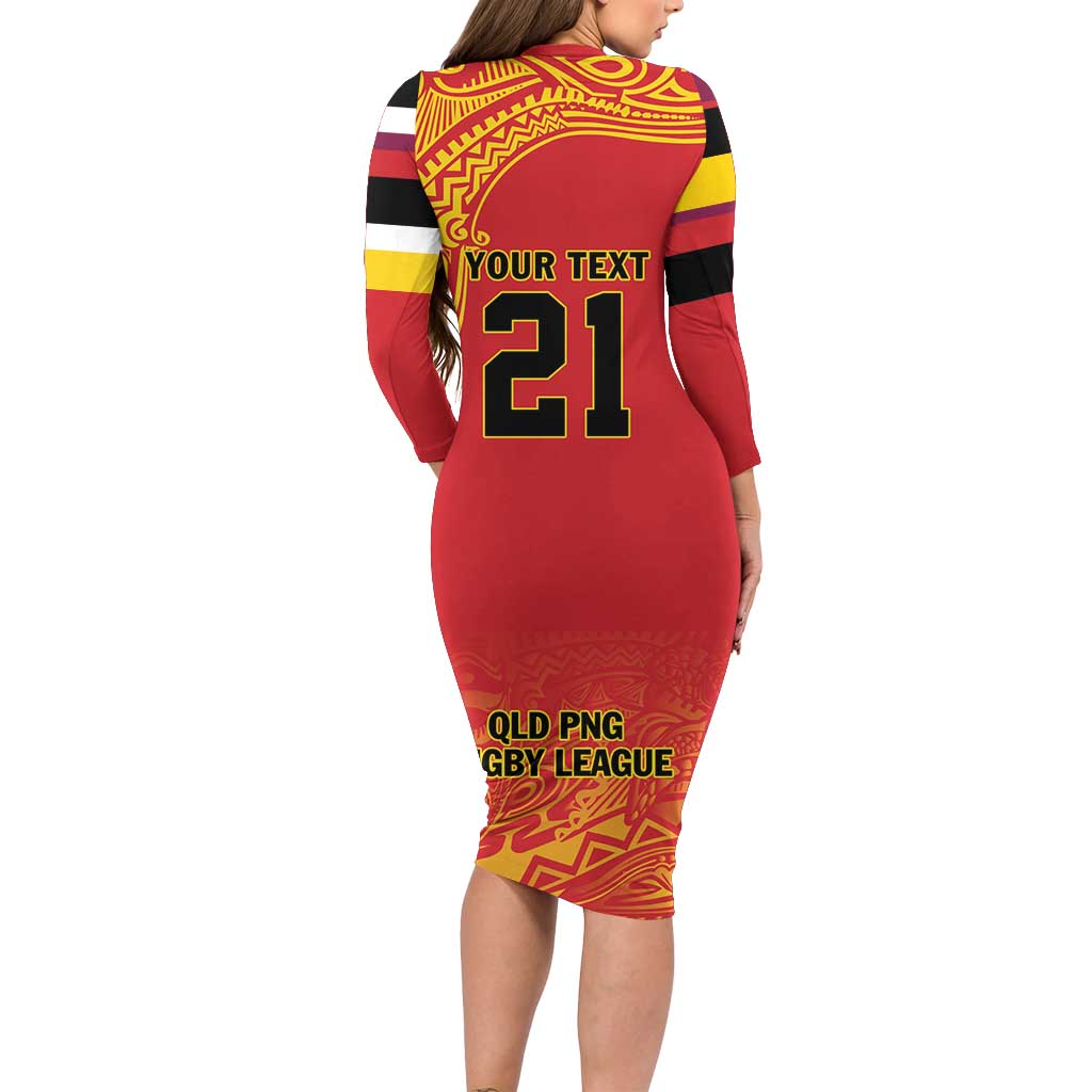 Queensland Papua New Guinea Custom Family Matching Long Sleeve Bodycon Dress and Hawaiian Shirt All Red Pacific PNG Tribal Style