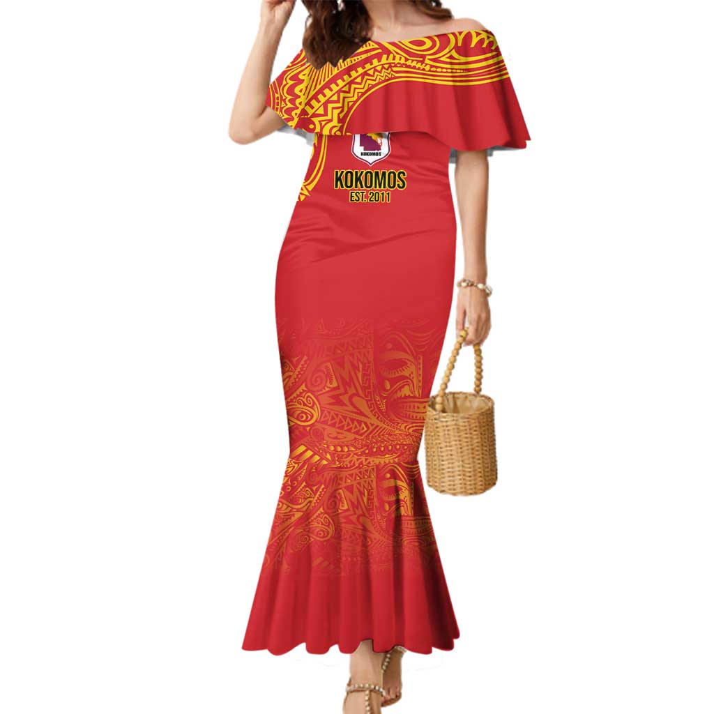 Queensland Papua New Guinea Custom Family Matching Mermaid Dress and Hawaiian Shirt All Red Pacific PNG Tribal Style