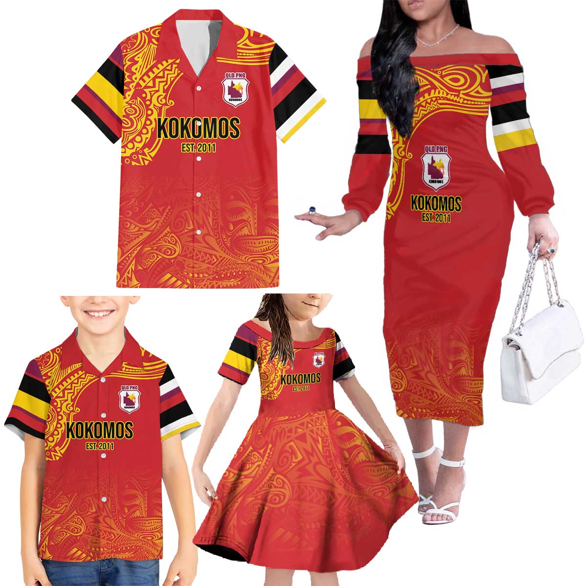 Queensland Papua New Guinea Custom Family Matching Off The Shoulder Long Sleeve Dress and Hawaiian Shirt All Red Pacific PNG Tribal Style LT9 - Polynesian Pride