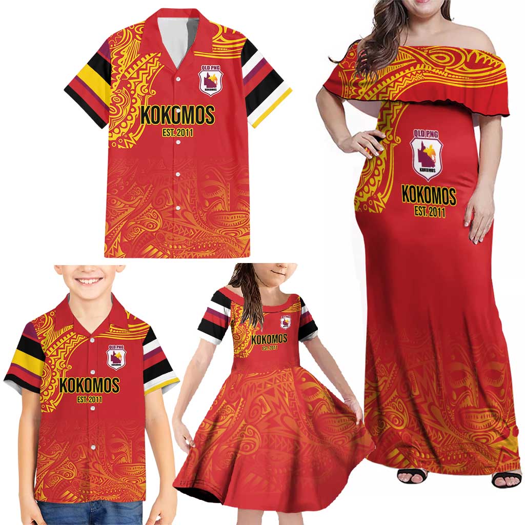 Queensland Papua New Guinea Custom Family Matching Off Shoulder Maxi Dress and Hawaiian Shirt All Red Pacific PNG Tribal Style LT9 - Polynesian Pride