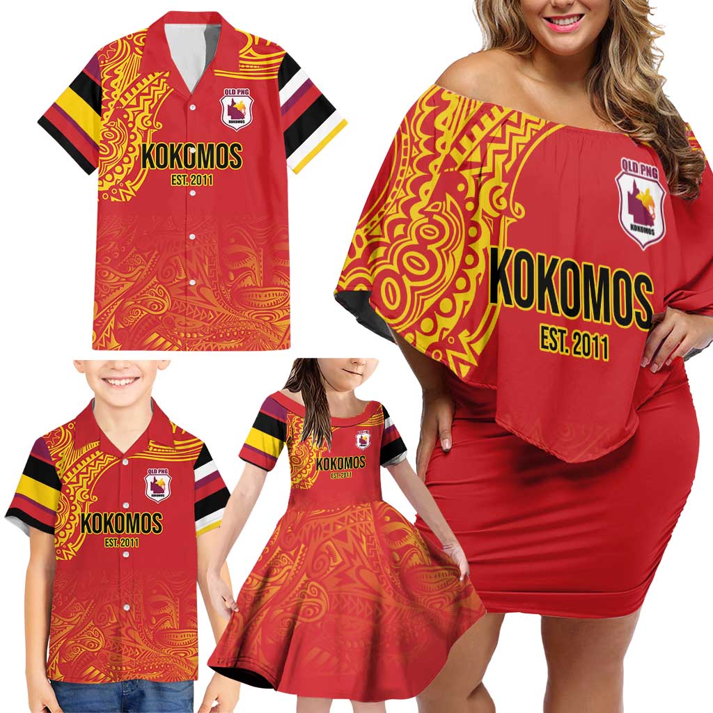 Queensland Papua New Guinea Custom Family Matching Off Shoulder Short Dress and Hawaiian Shirt All Red Pacific PNG Tribal Style LT9 - Polynesian Pride