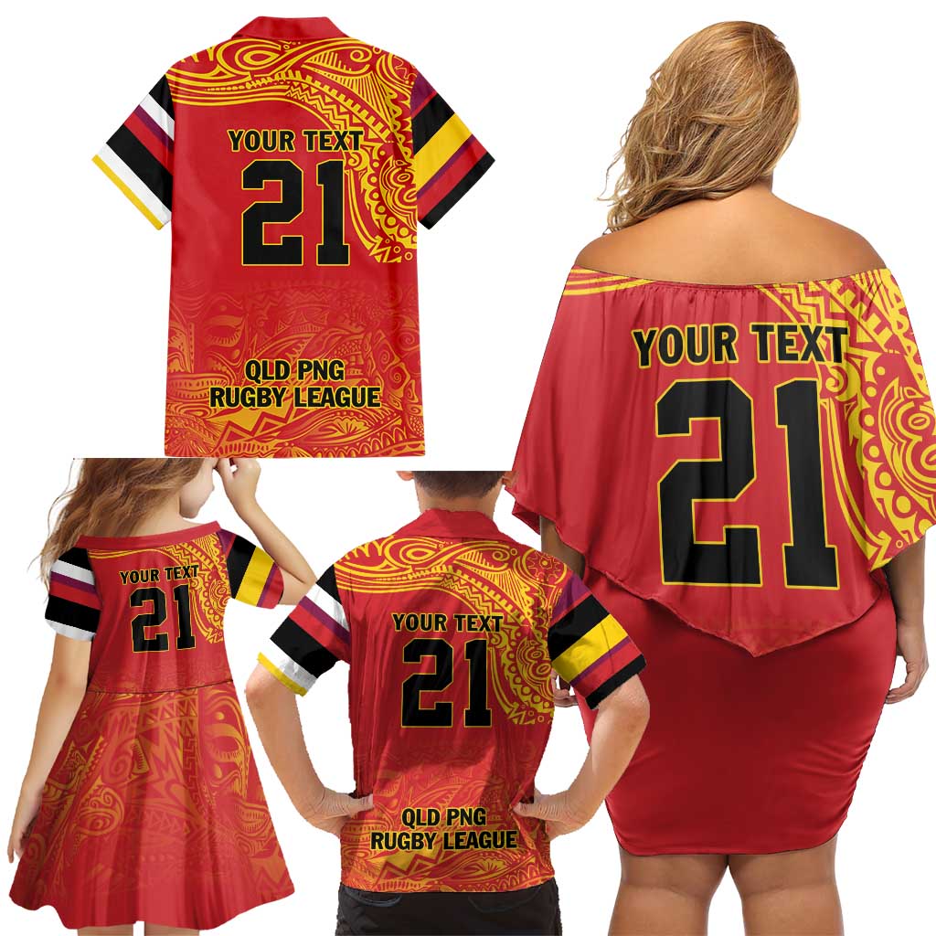 Queensland Papua New Guinea Custom Family Matching Off Shoulder Short Dress and Hawaiian Shirt All Red Pacific PNG Tribal Style