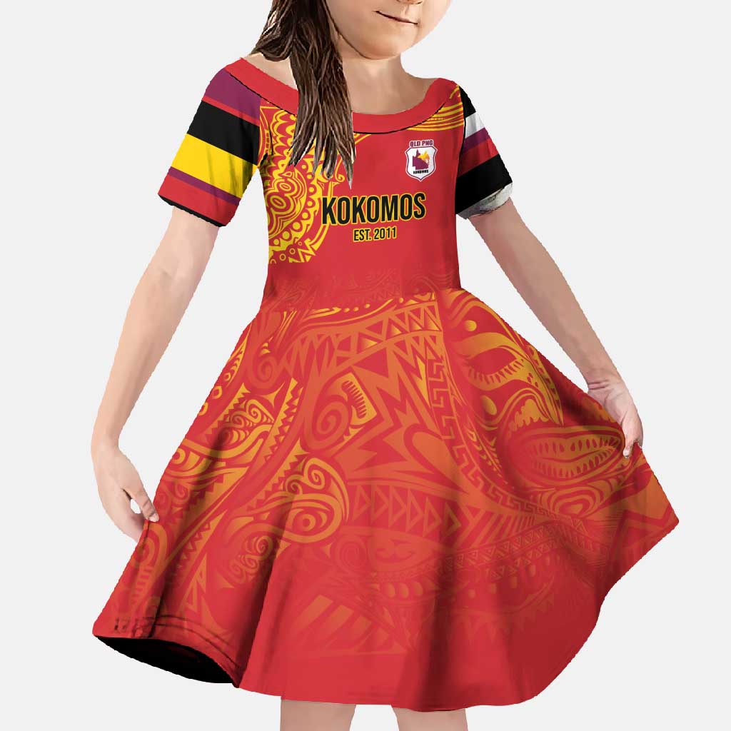Queensland Papua New Guinea Custom Family Matching Short Sleeve Bodycon Dress and Hawaiian Shirt All Red Pacific PNG Tribal Style