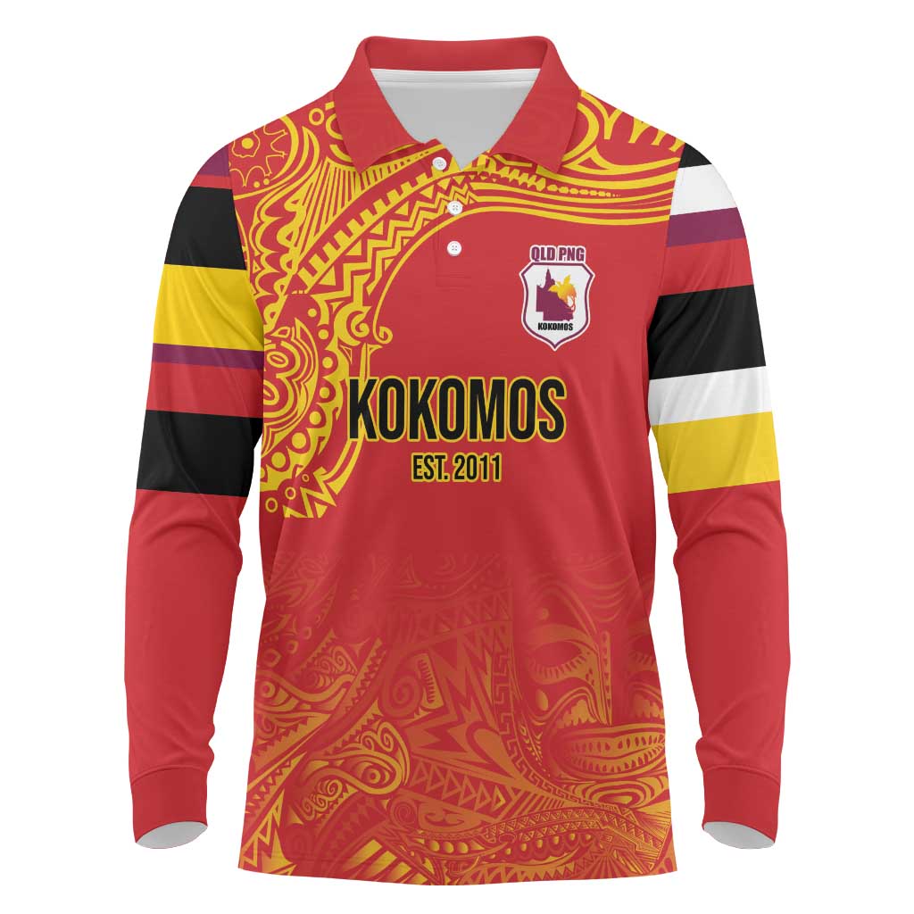 Queensland Papua New Guinea Custom Long Sleeve Polo Shirt All Red Pacific PNG Tribal Style