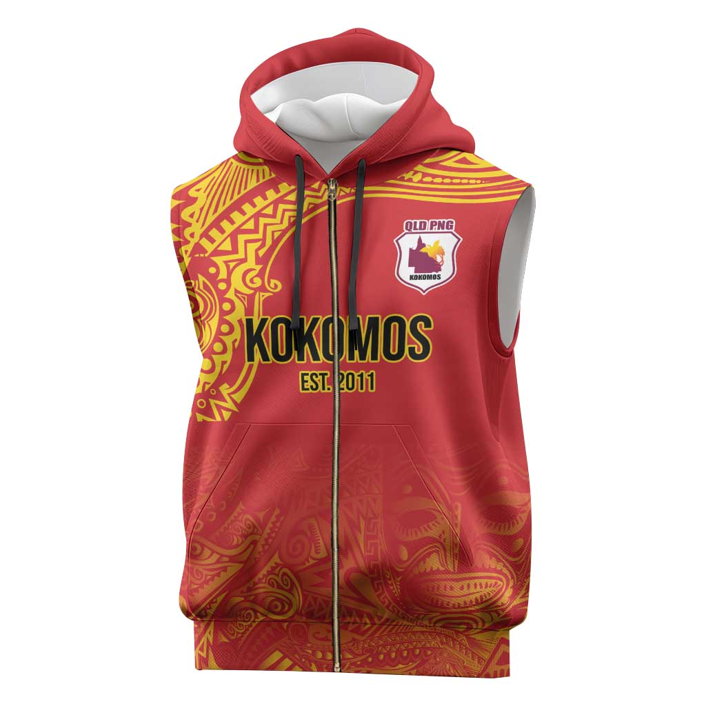 Queensland Papua New Guinea Custom Sleeveless Zip Hoodie All Red Pacific PNG Tribal Style - Polynesian Pride