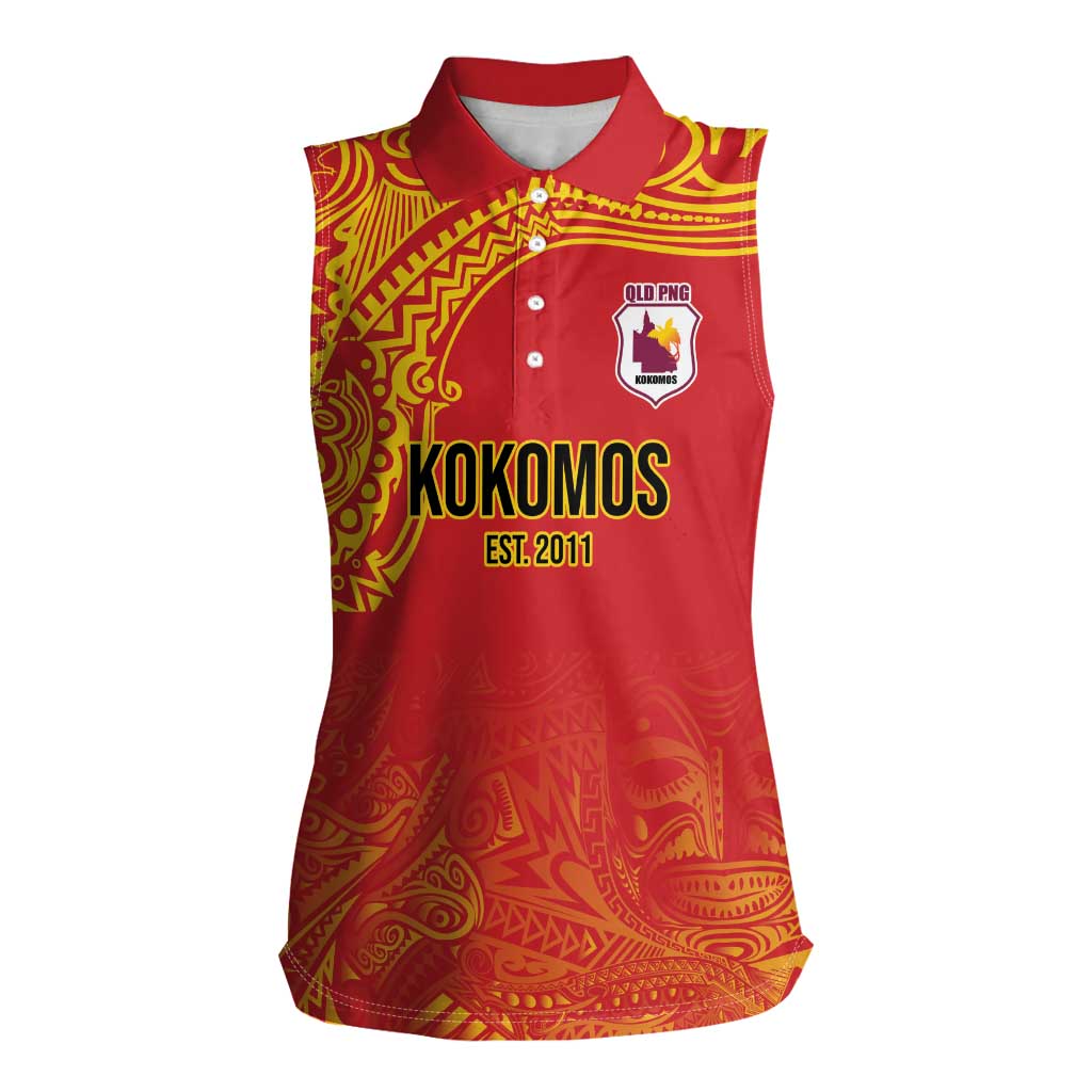 Queensland Papua New Guinea Custom Women Sleeveless Polo Shirt All Red Pacific PNG Tribal Style