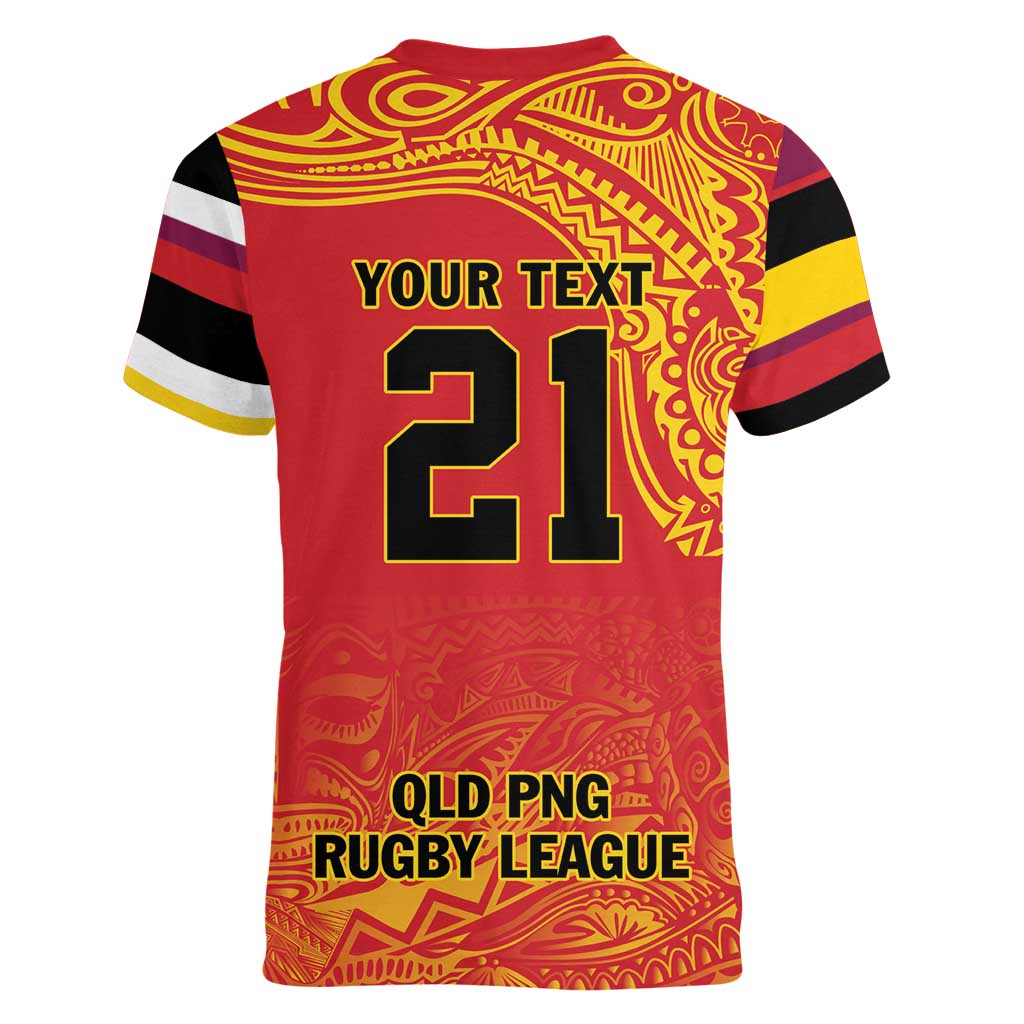 Queensland Papua New Guinea Custom Women V-Neck T-Shirt All Red Pacific PNG Tribal Style