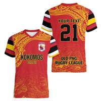 Queensland Papua New Guinea Custom Women V-Neck T-Shirt All Red Pacific PNG Tribal Style