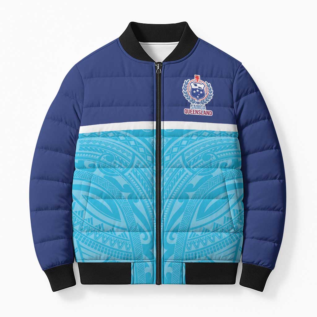 Queensland Samoa Custom Bomber Puffer Jacket Blue Pacific Polynesian Tribal Pattern LT9 Unisex Blue - Polynesian Pride