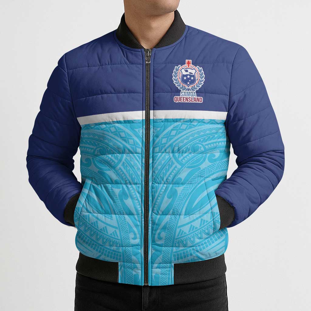 Queensland Samoa Custom Bomber Puffer Jacket Blue Pacific Polynesian Tribal Pattern LT9 - Polynesian Pride