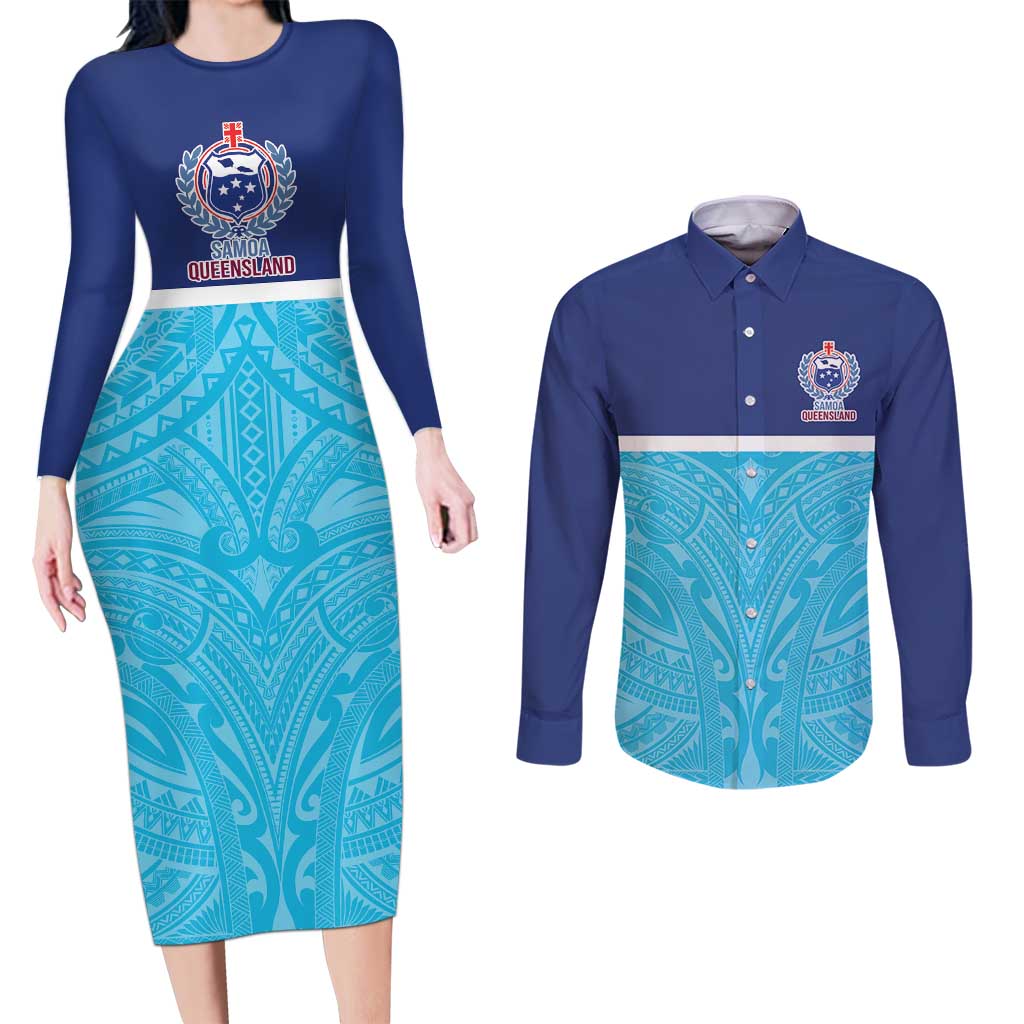 Queensland Samoa Custom Couples Matching Long Sleeve Bodycon Dress and Long Sleeve Button Shirt Blue Pacific Polynesian Tribal Pattern LT9 Blue - Polynesian Pride