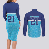 Queensland Samoa Custom Couples Matching Long Sleeve Bodycon Dress and Long Sleeve Button Shirt Blue Pacific Polynesian Tribal Pattern LT9 - Polynesian Pride
