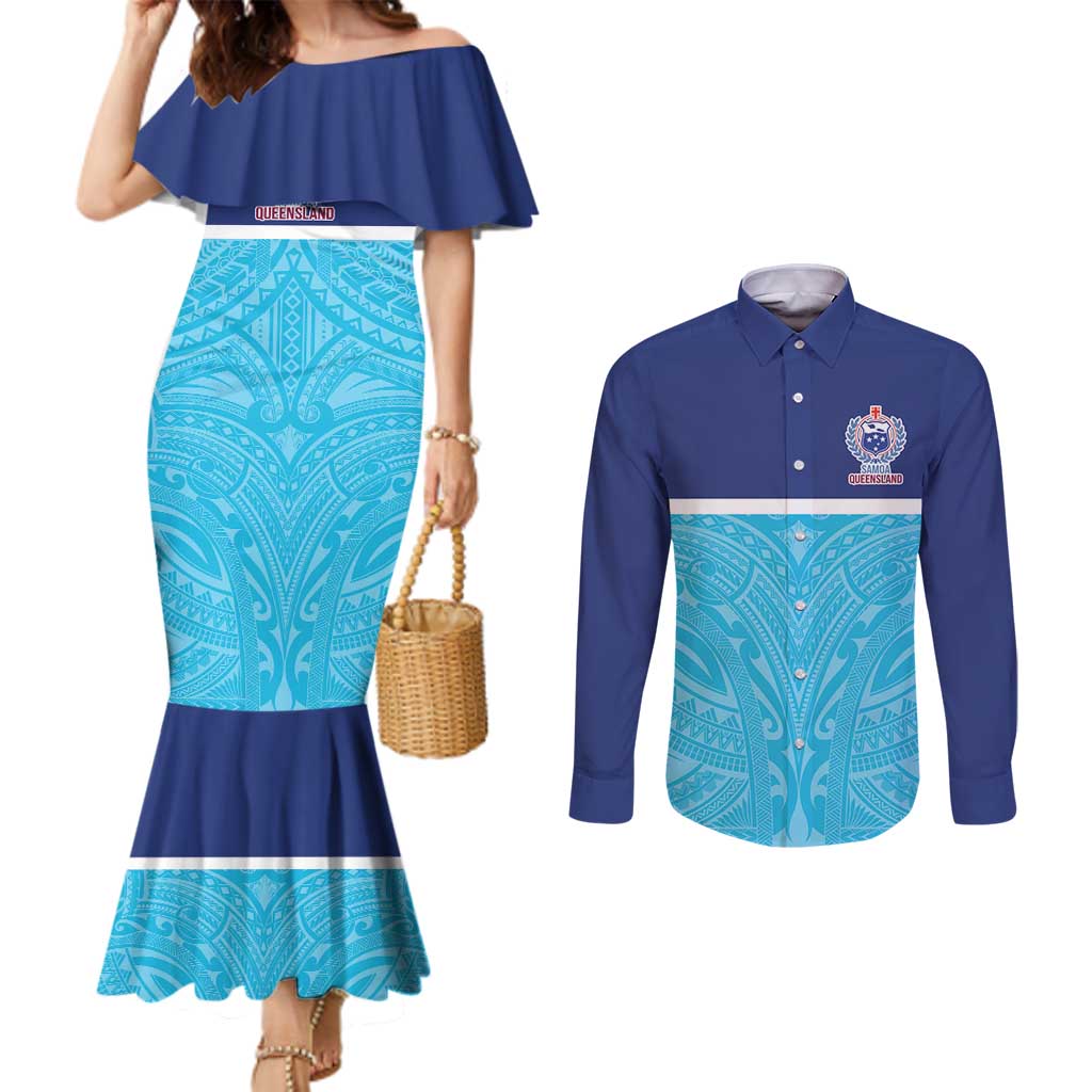 Queensland Samoa Custom Couples Matching Mermaid Dress and Long Sleeve Button Shirt Blue Pacific Polynesian Tribal Pattern LT9 Blue - Polynesian Pride