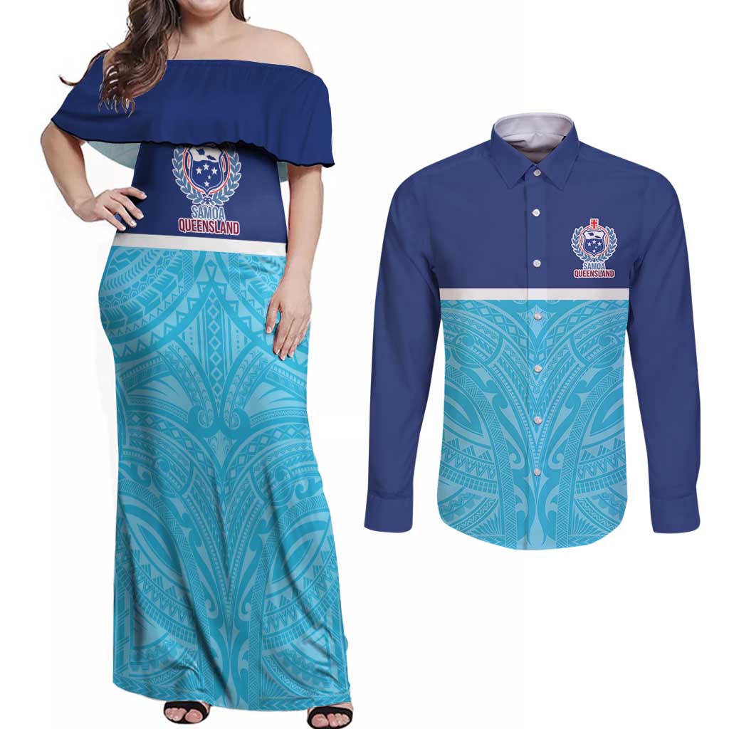 Queensland Samoa Custom Couples Matching Off Shoulder Maxi Dress and Long Sleeve Button Shirt Blue Pacific Polynesian Tribal Pattern LT9 Blue - Polynesian Pride