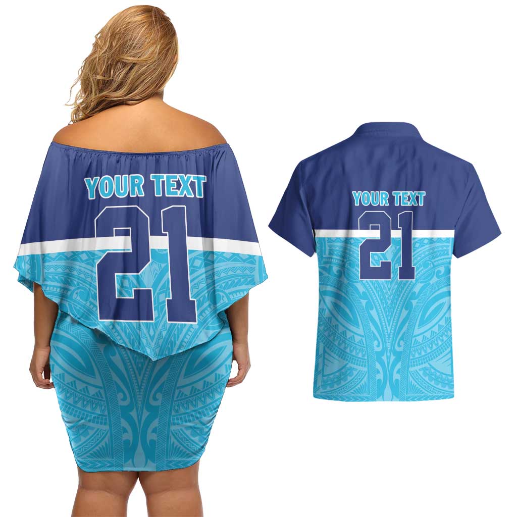 Queensland Samoa Custom Couples Matching Off Shoulder Short Dress and Hawaiian Shirt Blue Pacific Polynesian Tribal Pattern LT9 - Polynesian Pride