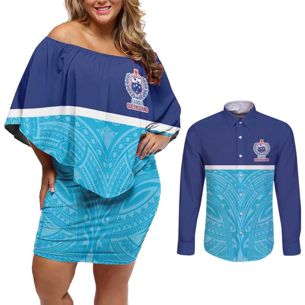 Queensland Samoa Custom Couples Matching Off Shoulder Short Dress and Long Sleeve Button Shirt Blue Pacific Polynesian Tribal Pattern LT9 Blue - Polynesian Pride