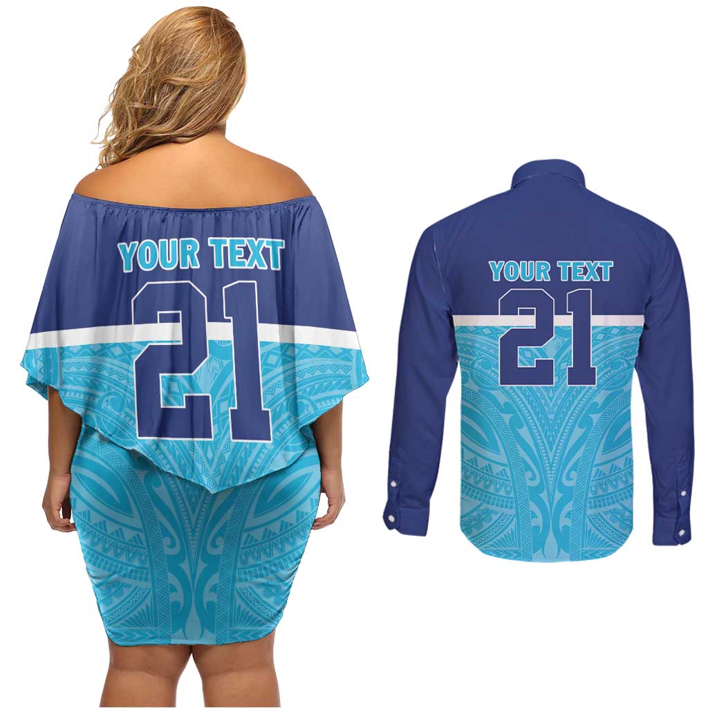 Queensland Samoa Custom Couples Matching Off Shoulder Short Dress and Long Sleeve Button Shirt Blue Pacific Polynesian Tribal Pattern LT9 - Polynesian Pride