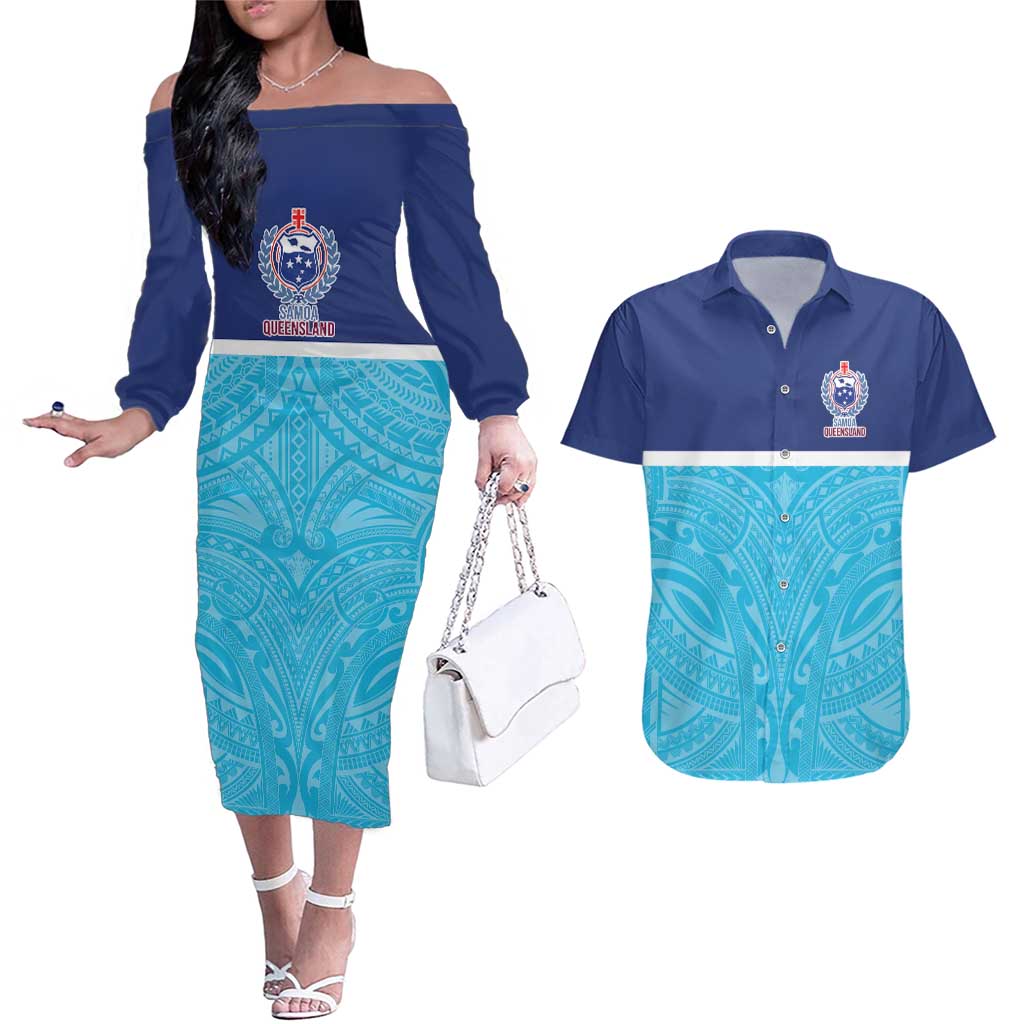Queensland Samoa Custom Couples Matching Off The Shoulder Long Sleeve Dress and Hawaiian Shirt Blue Pacific Polynesian Tribal Pattern LT9 Blue - Polynesian Pride