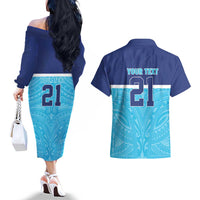 Queensland Samoa Custom Couples Matching Off The Shoulder Long Sleeve Dress and Hawaiian Shirt Blue Pacific Polynesian Tribal Pattern LT9 - Polynesian Pride