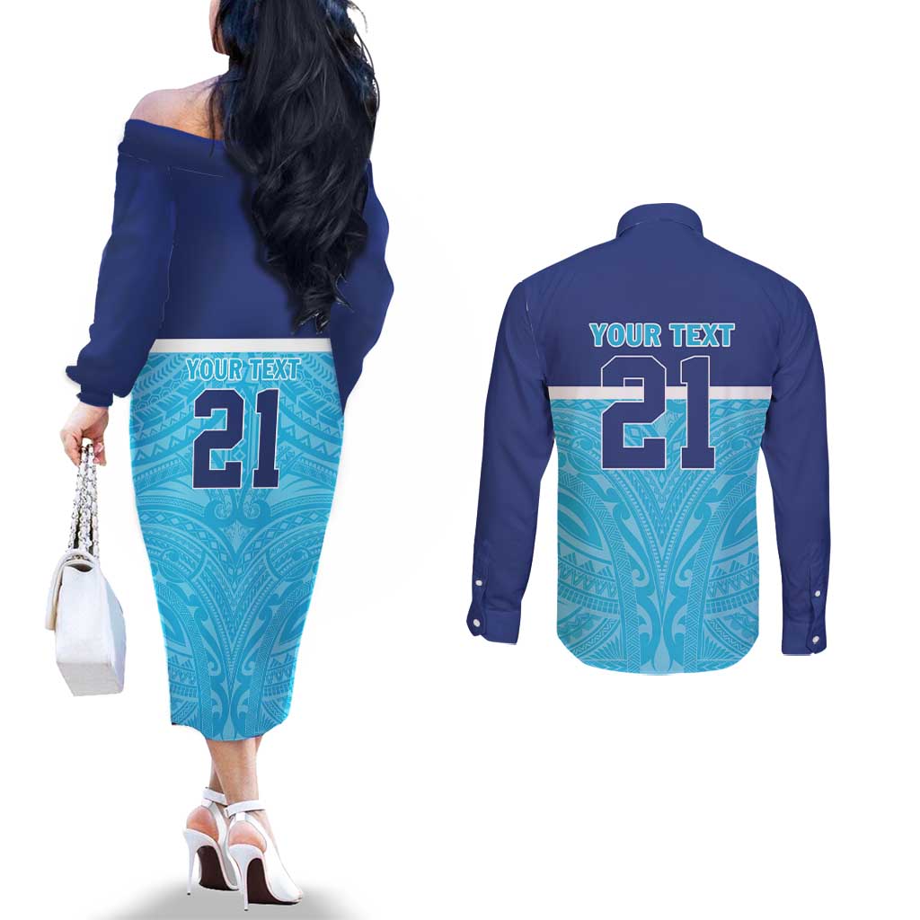 Queensland Samoa Custom Couples Matching Off The Shoulder Long Sleeve Dress and Long Sleeve Button Shirt Blue Pacific Polynesian Tribal Pattern