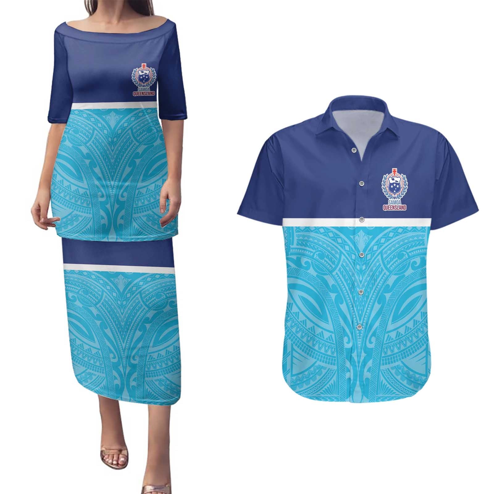 Queensland Samoa Custom Couples Matching Puletasi and Hawaiian Shirt Blue Pacific Polynesian Tribal Pattern LT9 Blue - Polynesian Pride