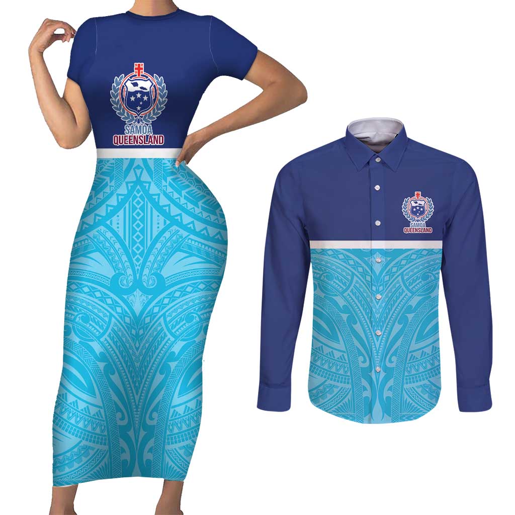 Queensland Samoa Custom Couples Matching Short Sleeve Bodycon Dress and Long Sleeve Button Shirt Blue Pacific Polynesian Tribal Pattern LT9 Blue - Polynesian Pride