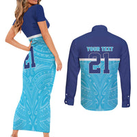 Queensland Samoa Custom Couples Matching Short Sleeve Bodycon Dress and Long Sleeve Button Shirt Blue Pacific Polynesian Tribal Pattern LT9 - Polynesian Pride
