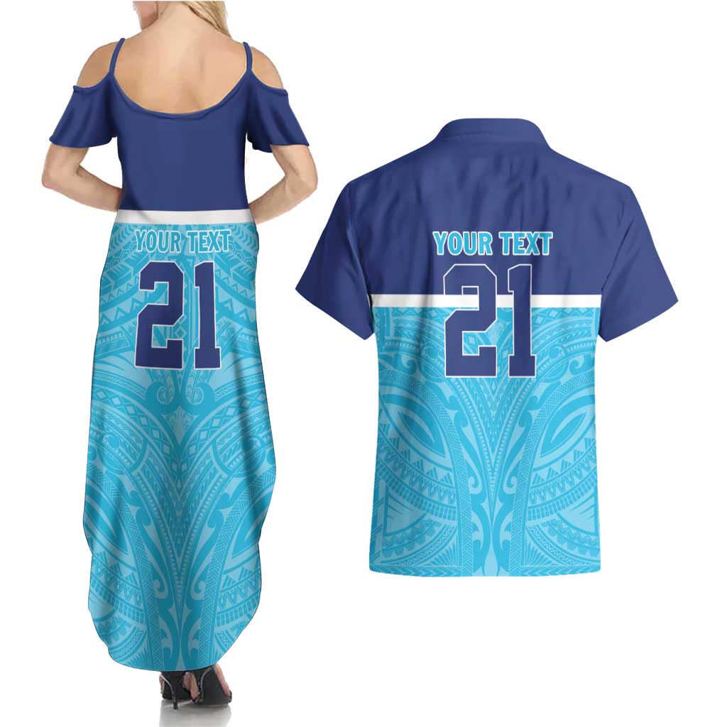 Queensland Samoa Custom Couples Matching Summer Maxi Dress and Hawaiian Shirt Blue Pacific Polynesian Tribal Pattern LT9 - Polynesian Pride