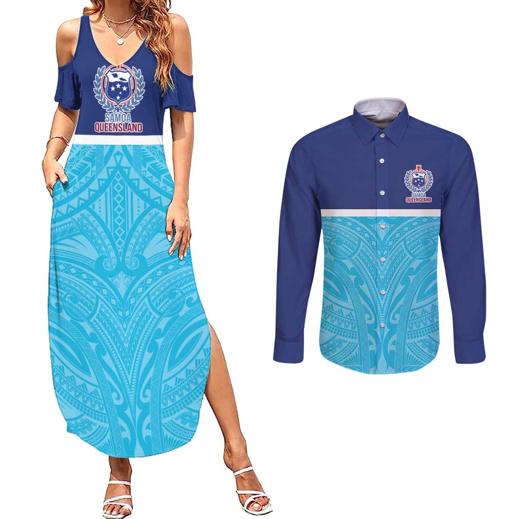 Queensland Samoa Custom Couples Matching Summer Maxi Dress and Long Sleeve Button Shirt Blue Pacific Polynesian Tribal Pattern LT9 Blue - Polynesian Pride