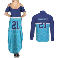 Queensland Samoa Custom Couples Matching Summer Maxi Dress and Long Sleeve Button Shirt Blue Pacific Polynesian Tribal Pattern LT9 - Polynesian Pride