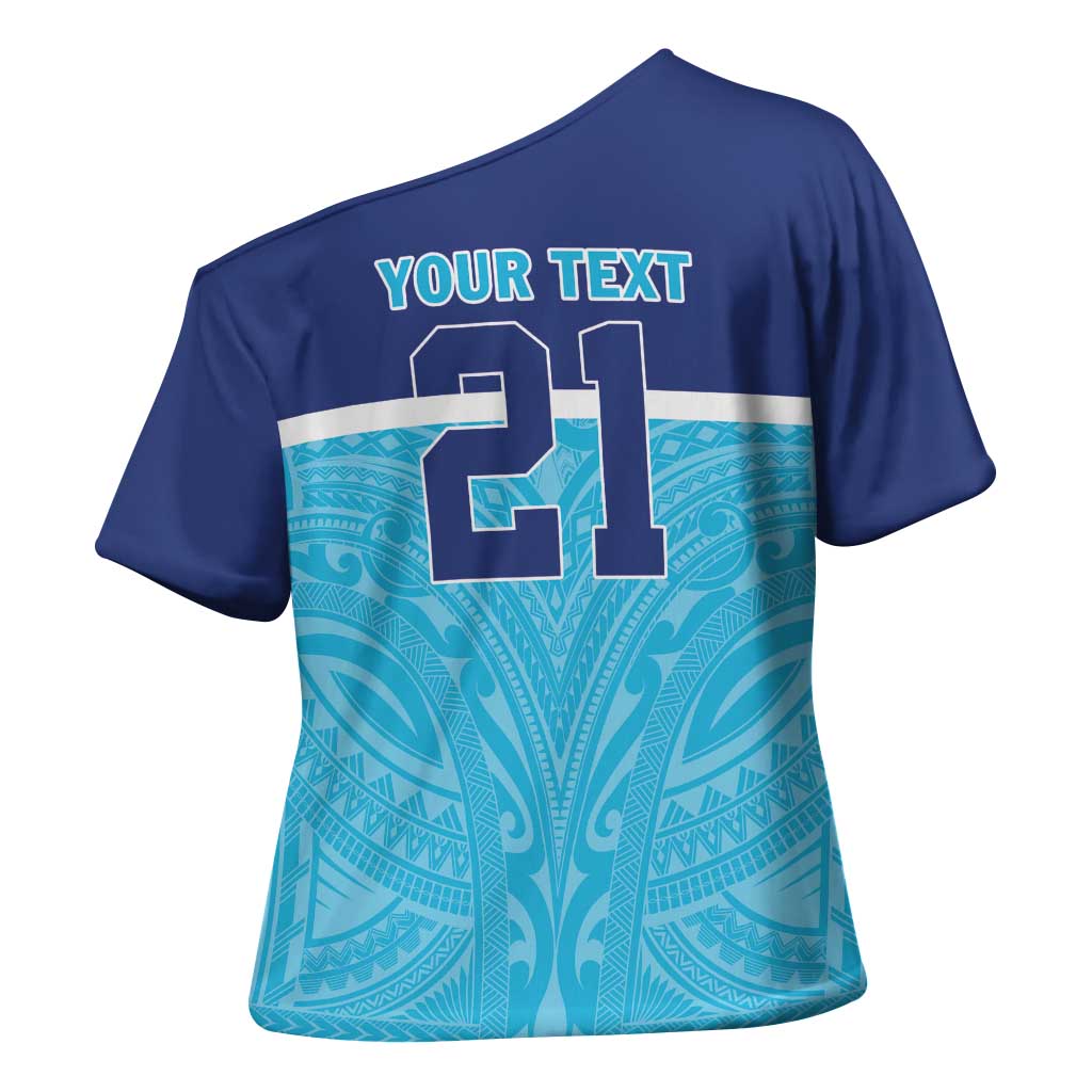 Queensland Samoa Custom Cross Shoulder Shirt Blue Pacific Polynesian Tribal Pattern LT9 - Polynesian Pride