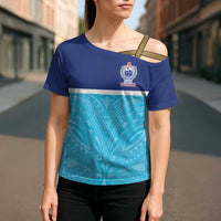 Queensland Samoa Custom Cross Shoulder Shirt Blue Pacific Polynesian Tribal Pattern LT9 - Polynesian Pride