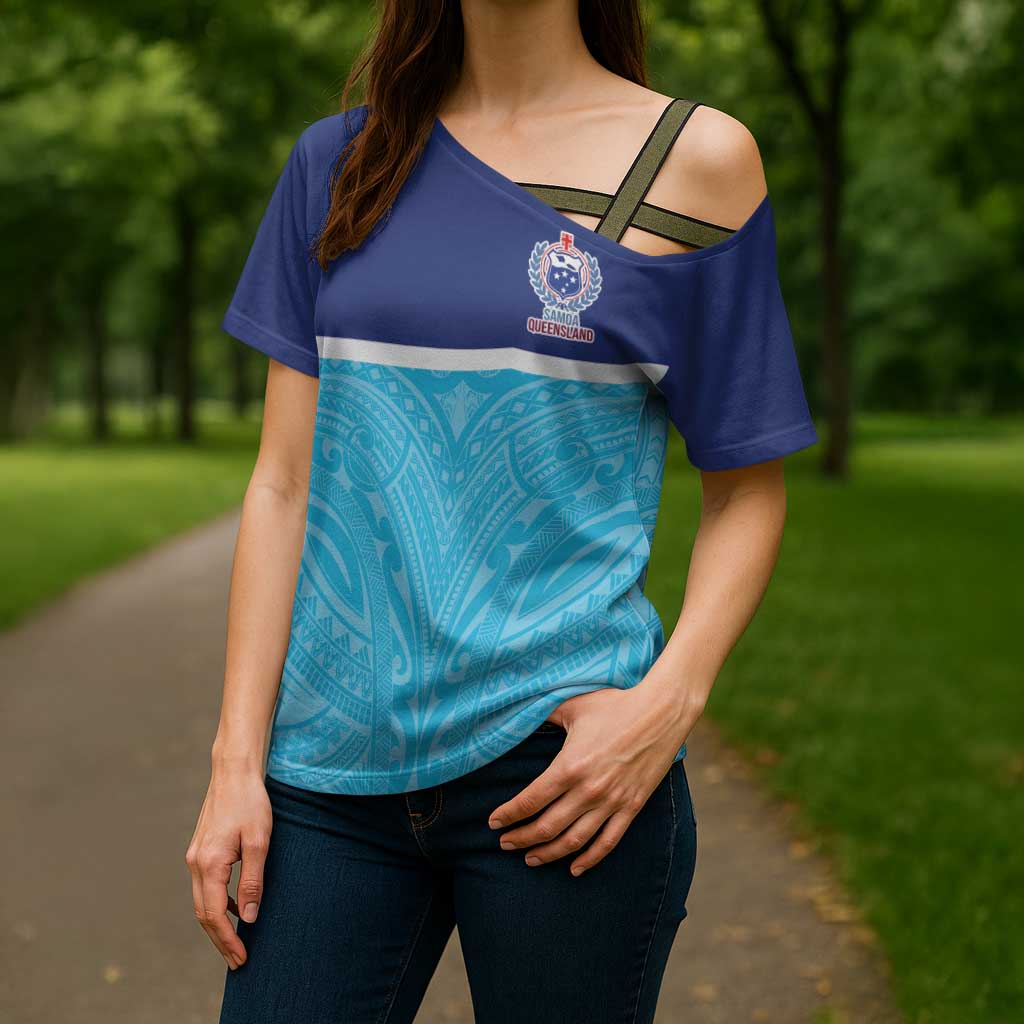 Queensland Samoa Custom Cross Shoulder Shirt Blue Pacific Polynesian Tribal Pattern LT9 - Polynesian Pride