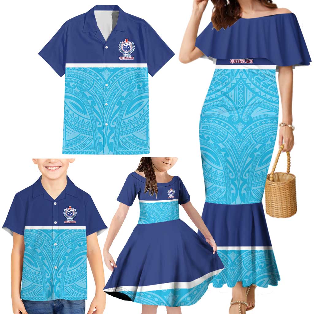 Queensland Samoa Custom Family Matching Mermaid Dress and Hawaiian Shirt Blue Pacific Polynesian Tribal Pattern