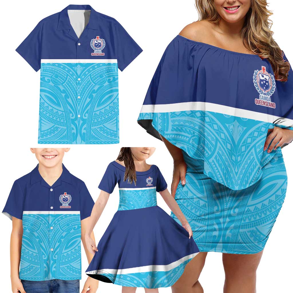Queensland Samoa Custom Family Matching Off Shoulder Short Dress and Hawaiian Shirt Blue Pacific Polynesian Tribal Pattern