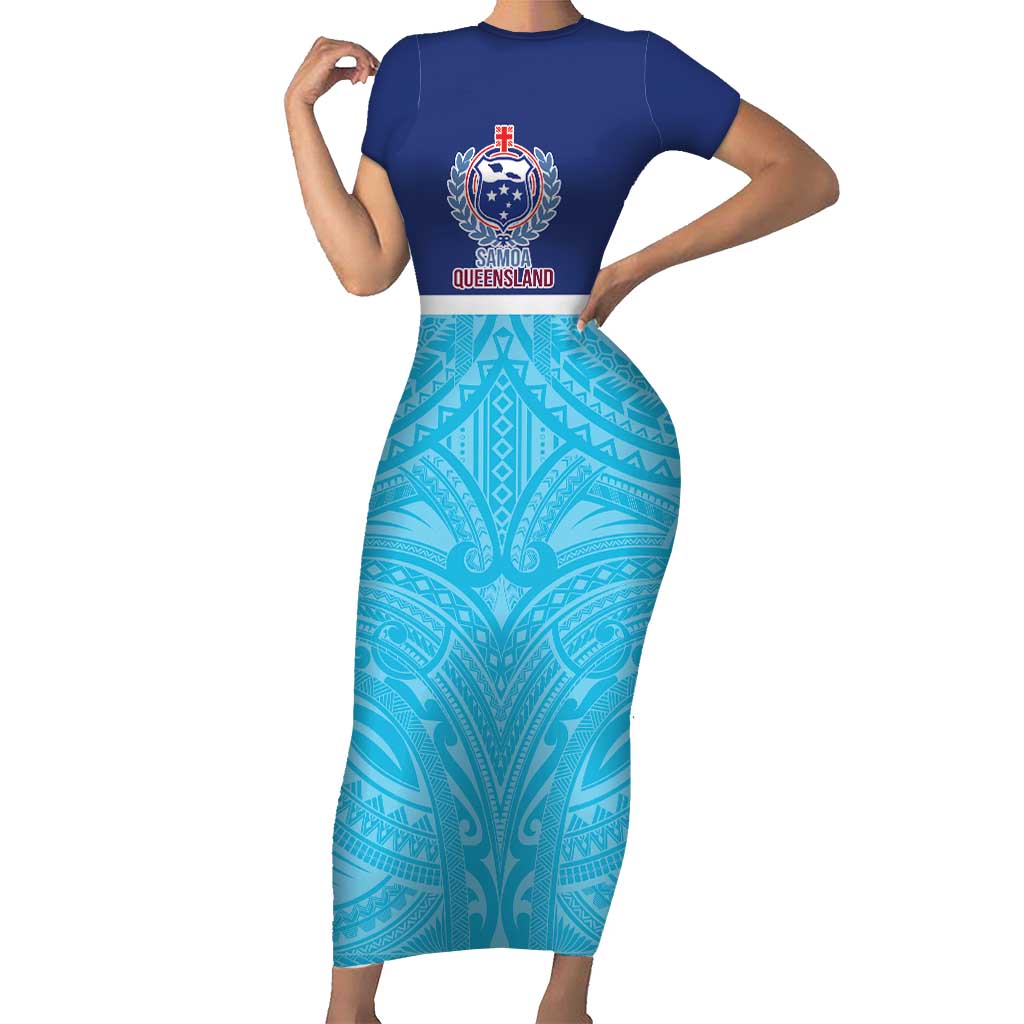 Queensland Samoa Custom Family Matching Short Sleeve Bodycon Dress and Hawaiian Shirt Blue Pacific Polynesian Tribal Pattern