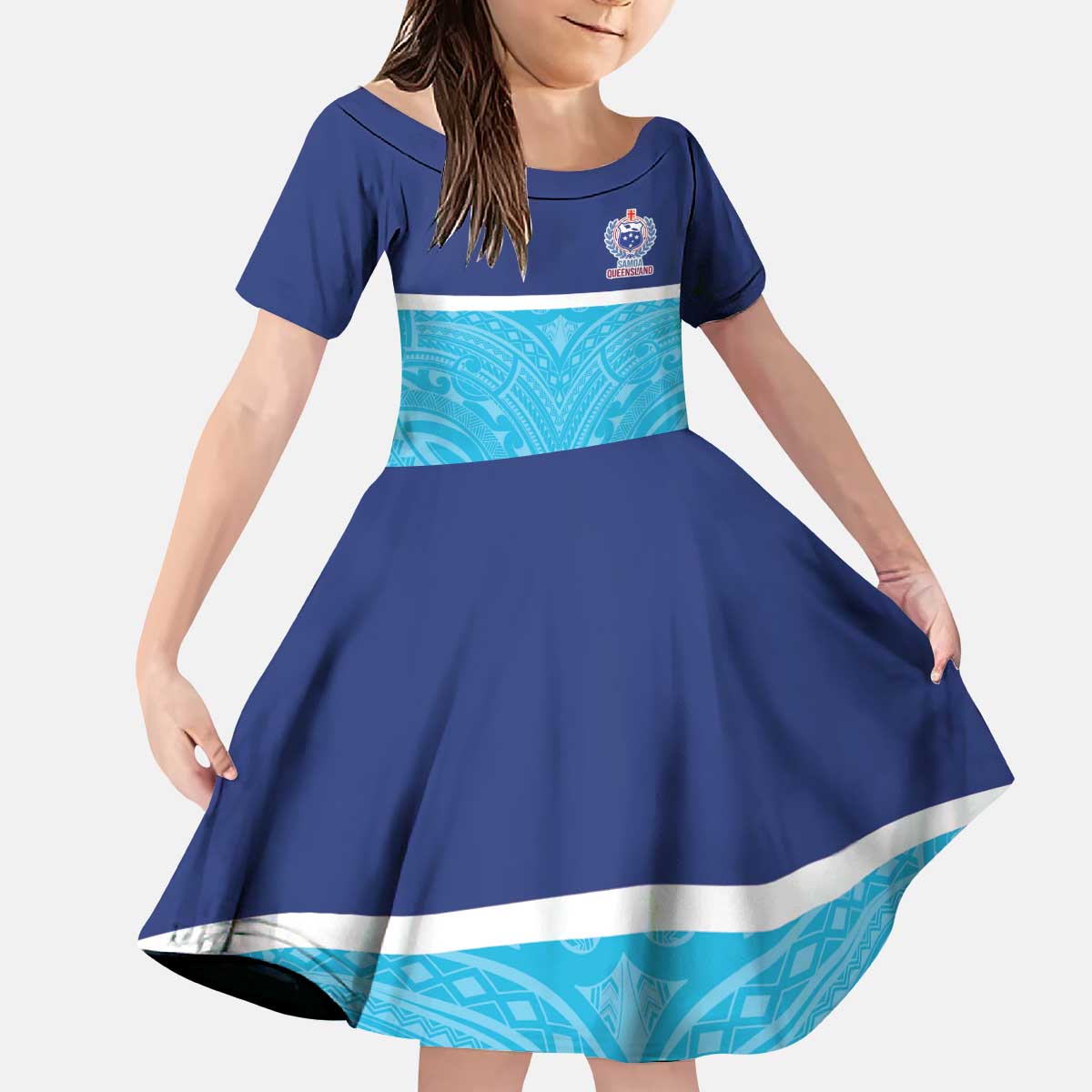 Queensland Samoa Custom Kid Short Sleeve Dress Blue Pacific Polynesian Tribal Pattern