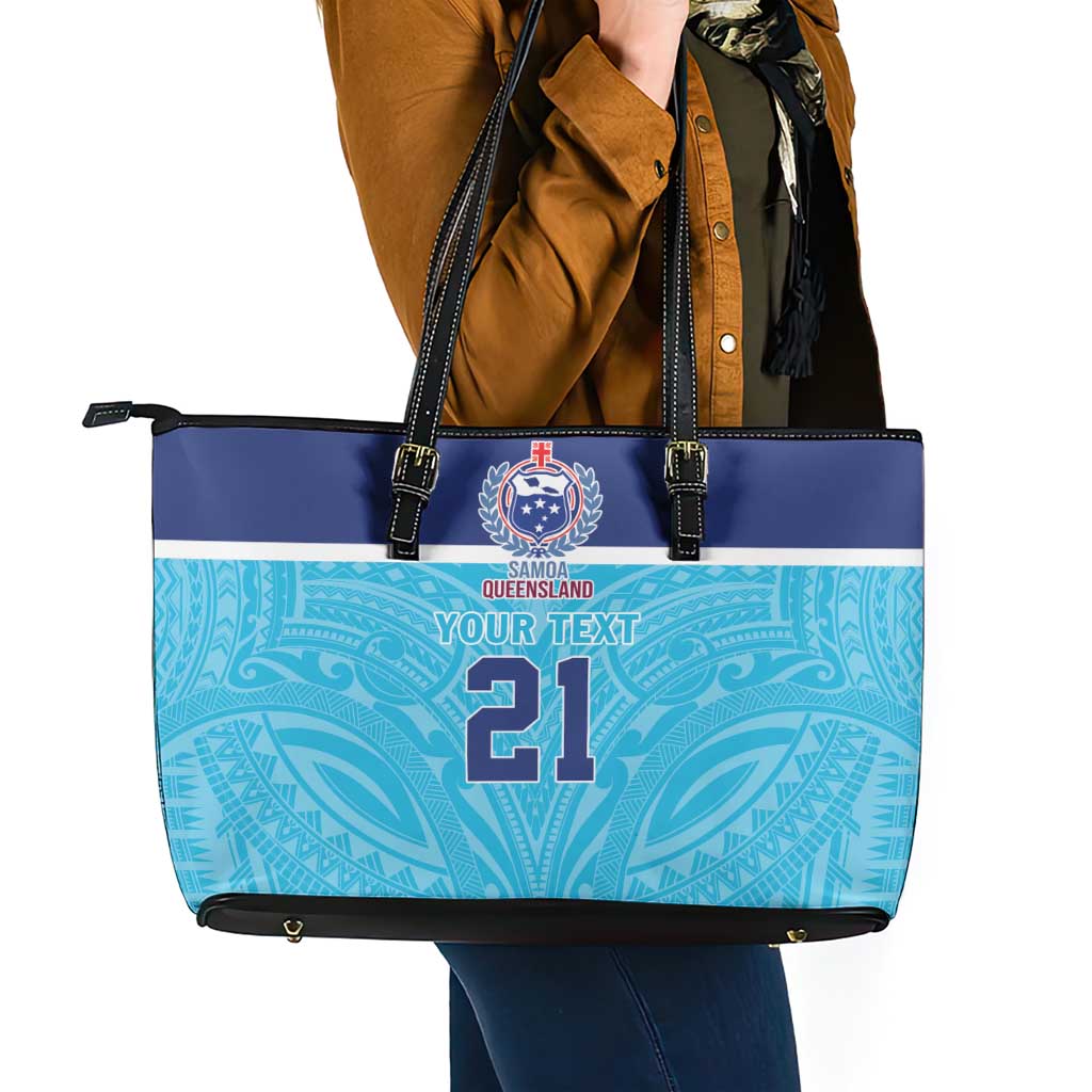 Queensland Samoa Custom Leather Tote Bag Blue Pacific Polynesian Tribal Pattern