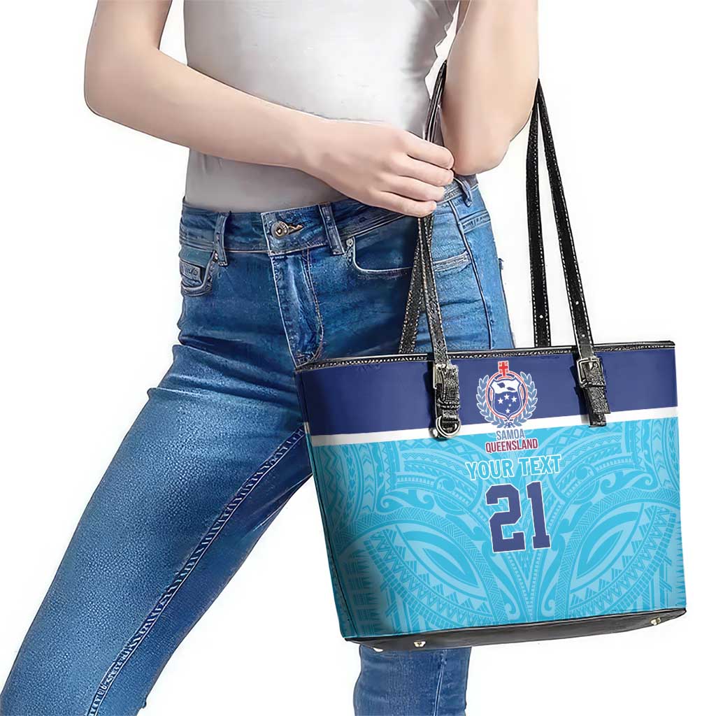 Queensland Samoa Custom Leather Tote Bag Blue Pacific Polynesian Tribal Pattern