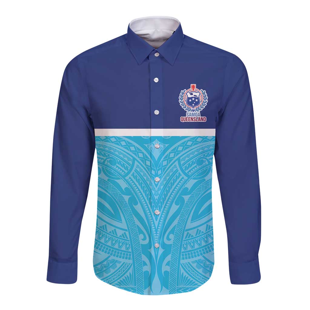 Queensland Samoa Custom Long Sleeve Button Shirt Blue Pacific Polynesian Tribal Pattern LT9 Unisex Blue - Polynesian Pride