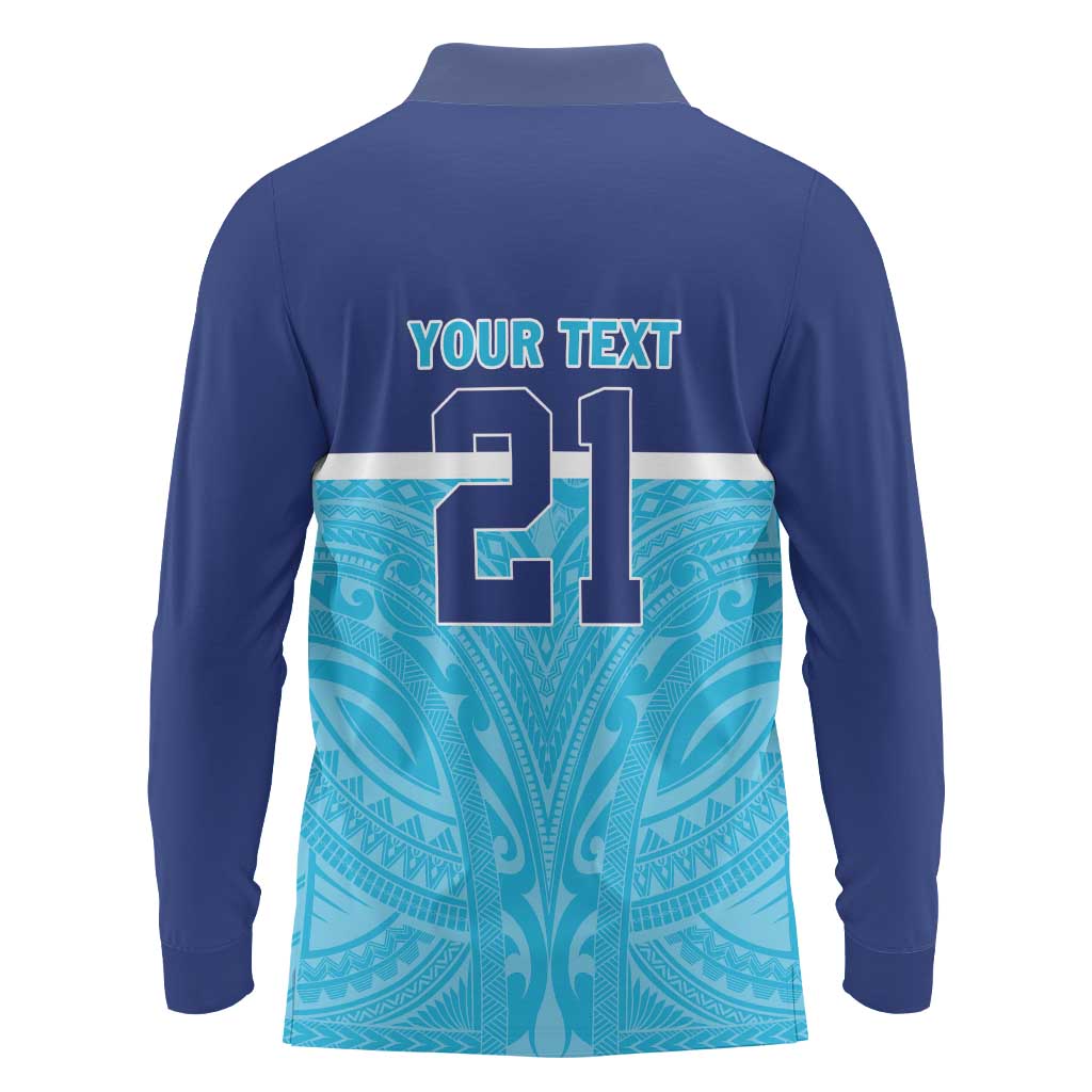 Queensland Samoa Custom Long Sleeve Polo Shirt Blue Pacific Polynesian Tribal Pattern