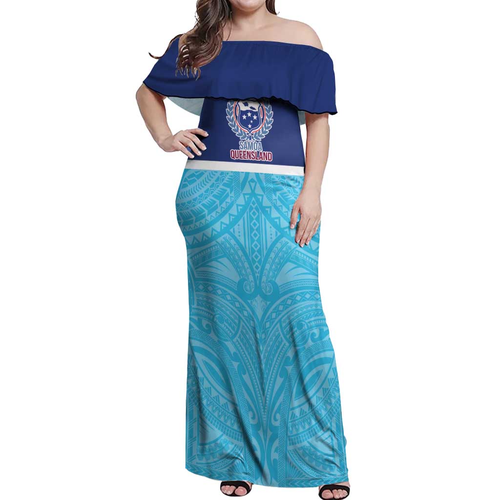 Queensland Samoa Custom Off Shoulder Maxi Dress Blue Pacific Polynesian Tribal Pattern