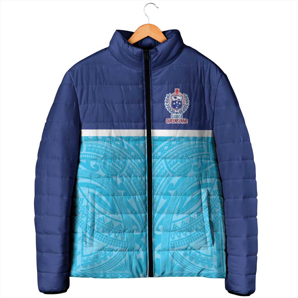 Queensland Samoa Custom Padded Jacket Blue Pacific Polynesian Tribal Pattern LT9 - Polynesian Pride