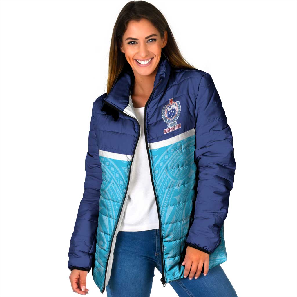 Queensland Samoa Custom Padded Jacket Blue Pacific Polynesian Tribal Pattern LT9 Women Blue - Polynesian Pride