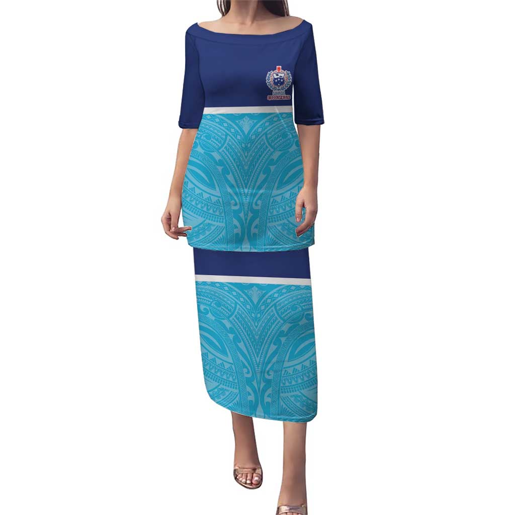 Queensland Samoa Custom Puletasi Blue Pacific Polynesian Tribal Pattern LT9 Long Dress Blue - Polynesian Pride
