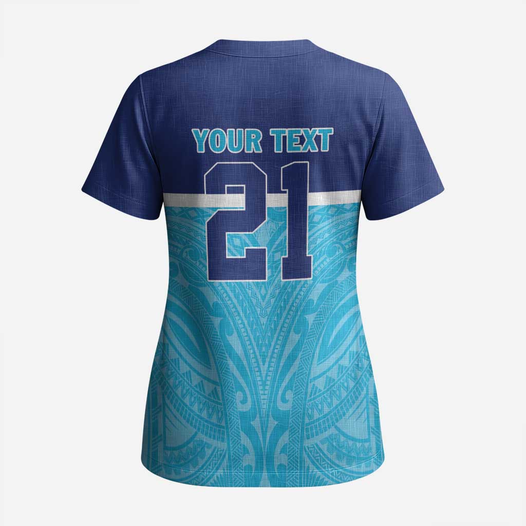 Queensland Samoa Custom Scrub Top Blue Pacific Polynesian Tribal Pattern - Polynesian Pride