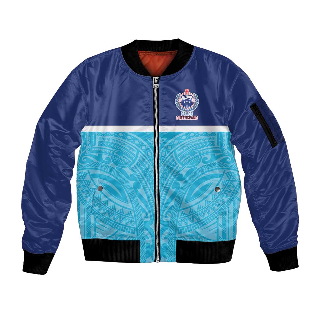 Queensland Samoa Custom Sleeve Zip Bomber Jacket Blue Pacific Polynesian Tribal Pattern