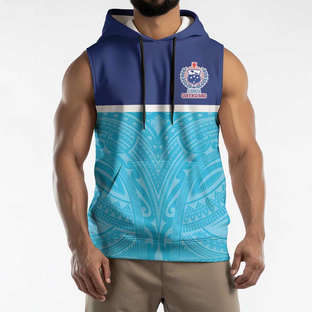 Queensland Samoa Custom Sleeveless Hoodie Blue Pacific Polynesian Tribal Pattern LT9 - Polynesian Pride