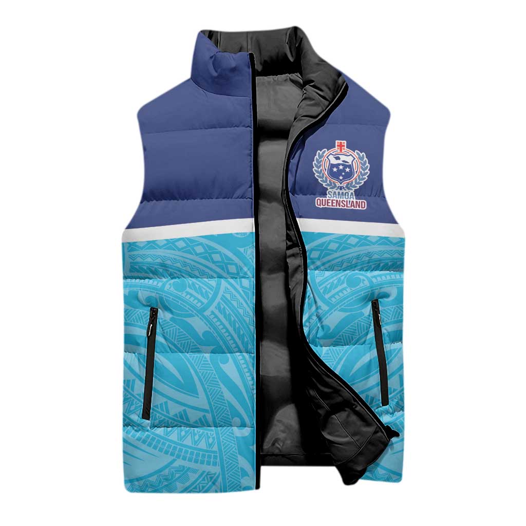 Queensland Samoa Custom Sleeveless Puffer Jacket Blue Pacific Polynesian Tribal Pattern LT9 - Polynesian Pride